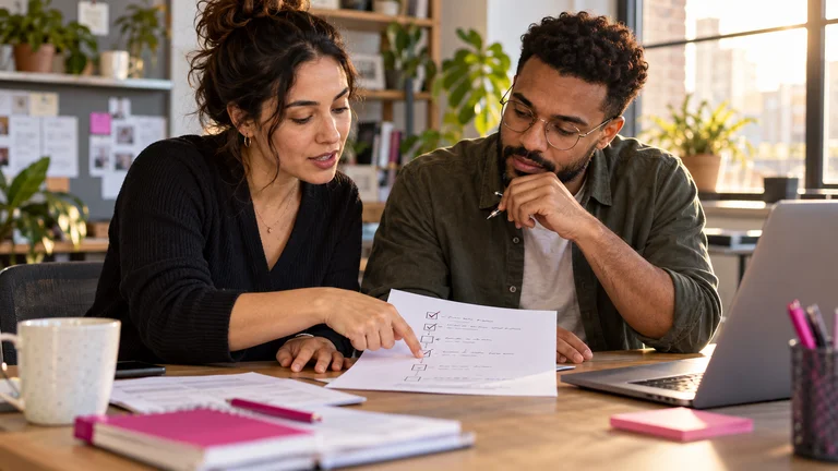 Two coworkers reviewing a checklist