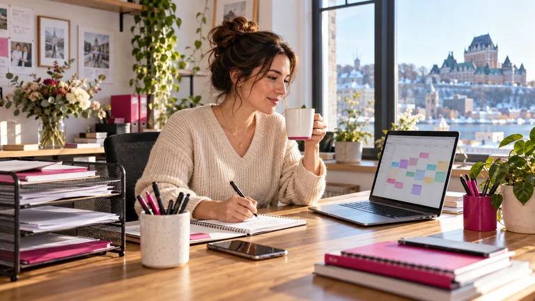 Business owner planning her day with a notebook and laptop