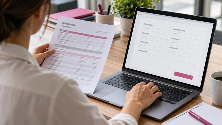 Reviewing a paper record beside a form on a laptop