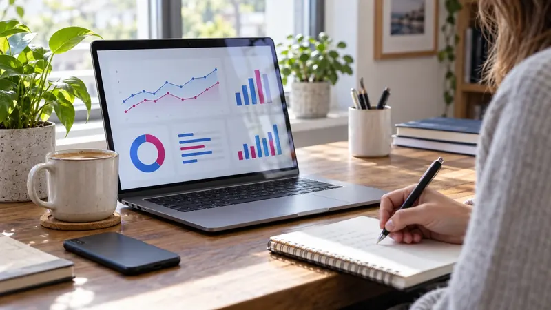 Consultation de graphiques de fréquentation et prise de notes sur un bureau