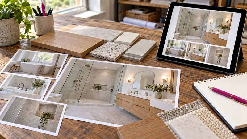Photographies de rénovation et échantillons de matériaux présentés sur un bureau