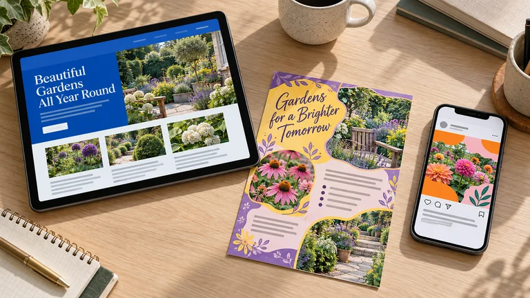Tablet, phone post and leaflet with different visual styles