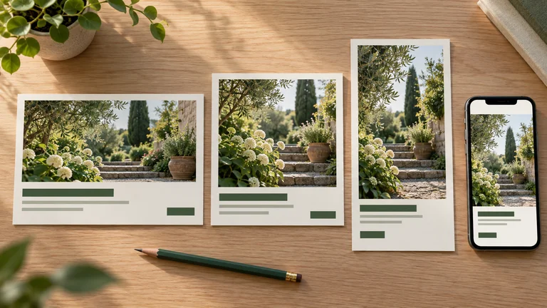 A garden photograph adapted across several layouts