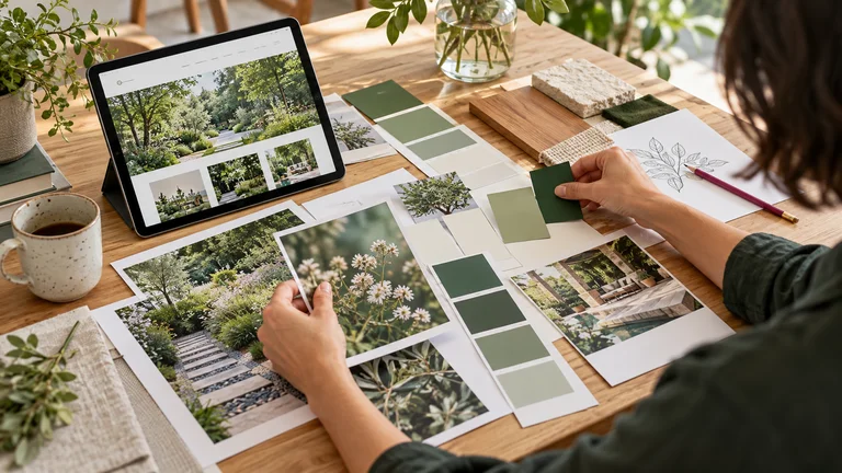 Garden photographs and colour samples being selected beside a tablet