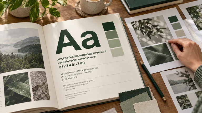 Typography samples and colour swatches on a desk