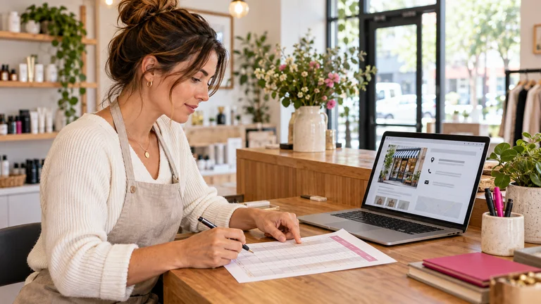Shop owner reviewing business information and opening hours