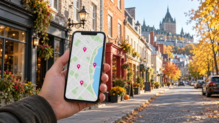 Phone displaying a map in front of a shopping street