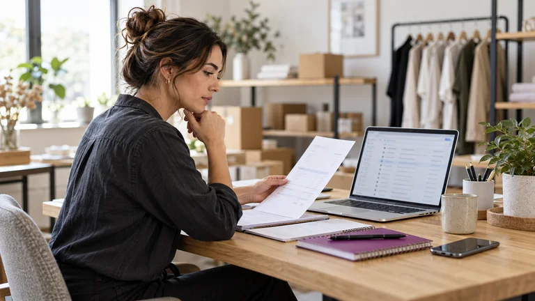 Business owner reviewing an enquiry and messages at a desk