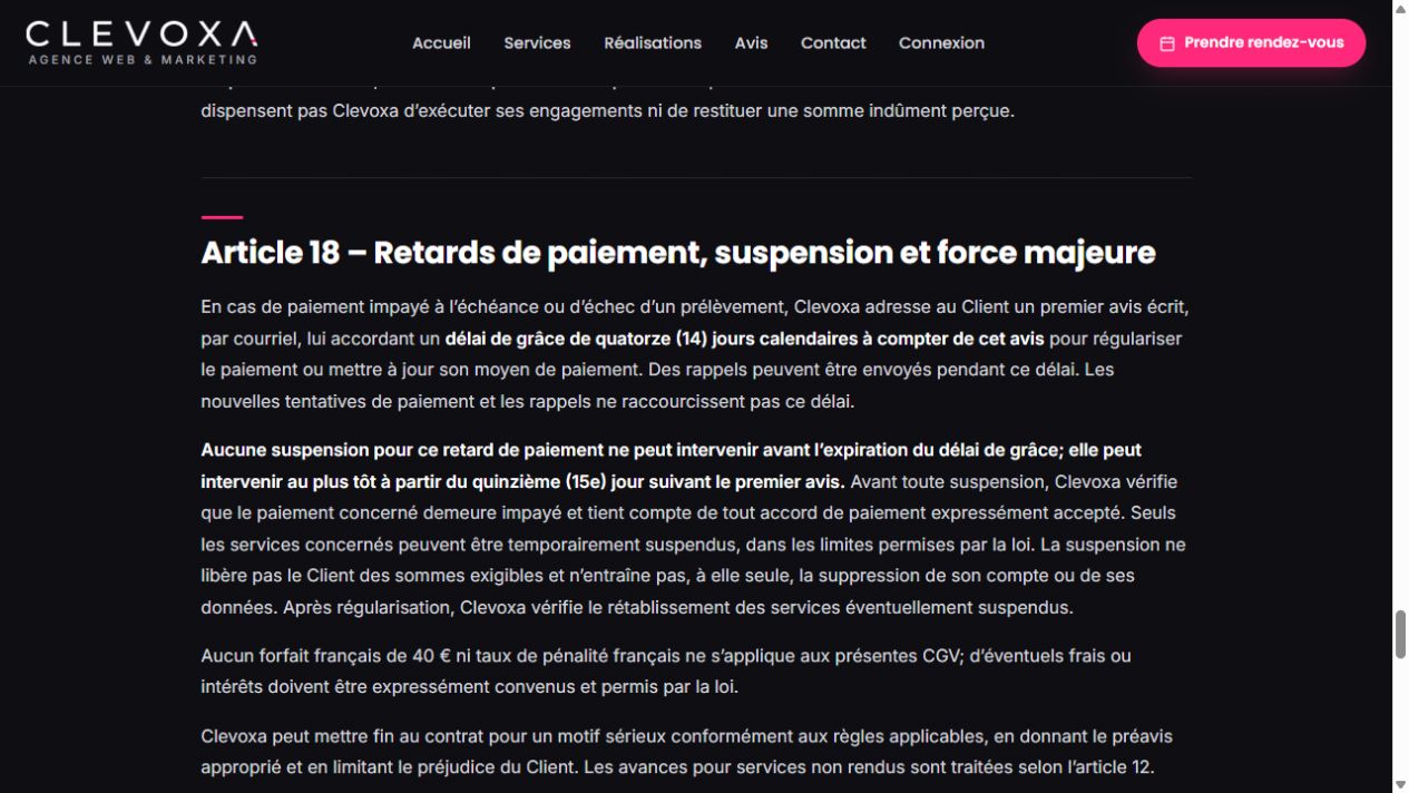 Extrait des CGV Canada et Québec de Clevoxa · document de référence, et non écran de paiement.