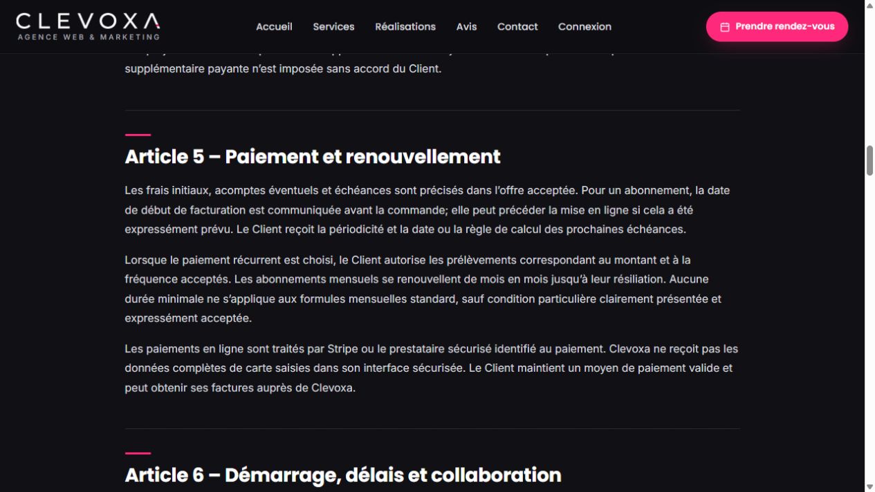 Extrait des CGV Canada et Québec de Clevoxa · document de référence, et non écran de paiement.
