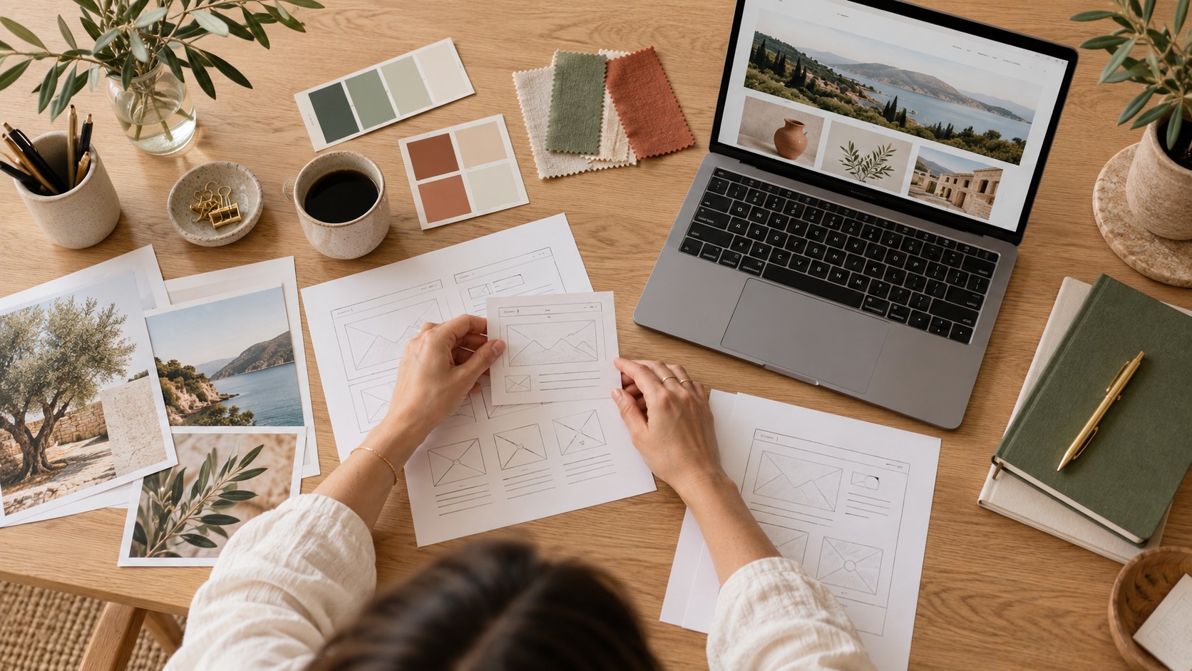 Préparation d’un site web avec des maquettes papier et un ordinateur sur une table