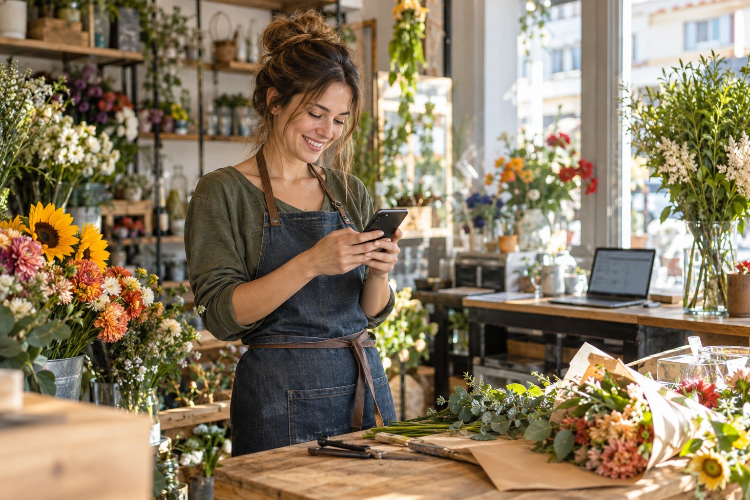 Fleuriste lisant un retour client dans sa boutique