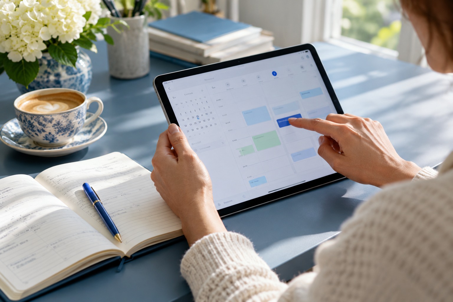 Choix d’un rendez-vous sur une tablette à côté d’un agenda