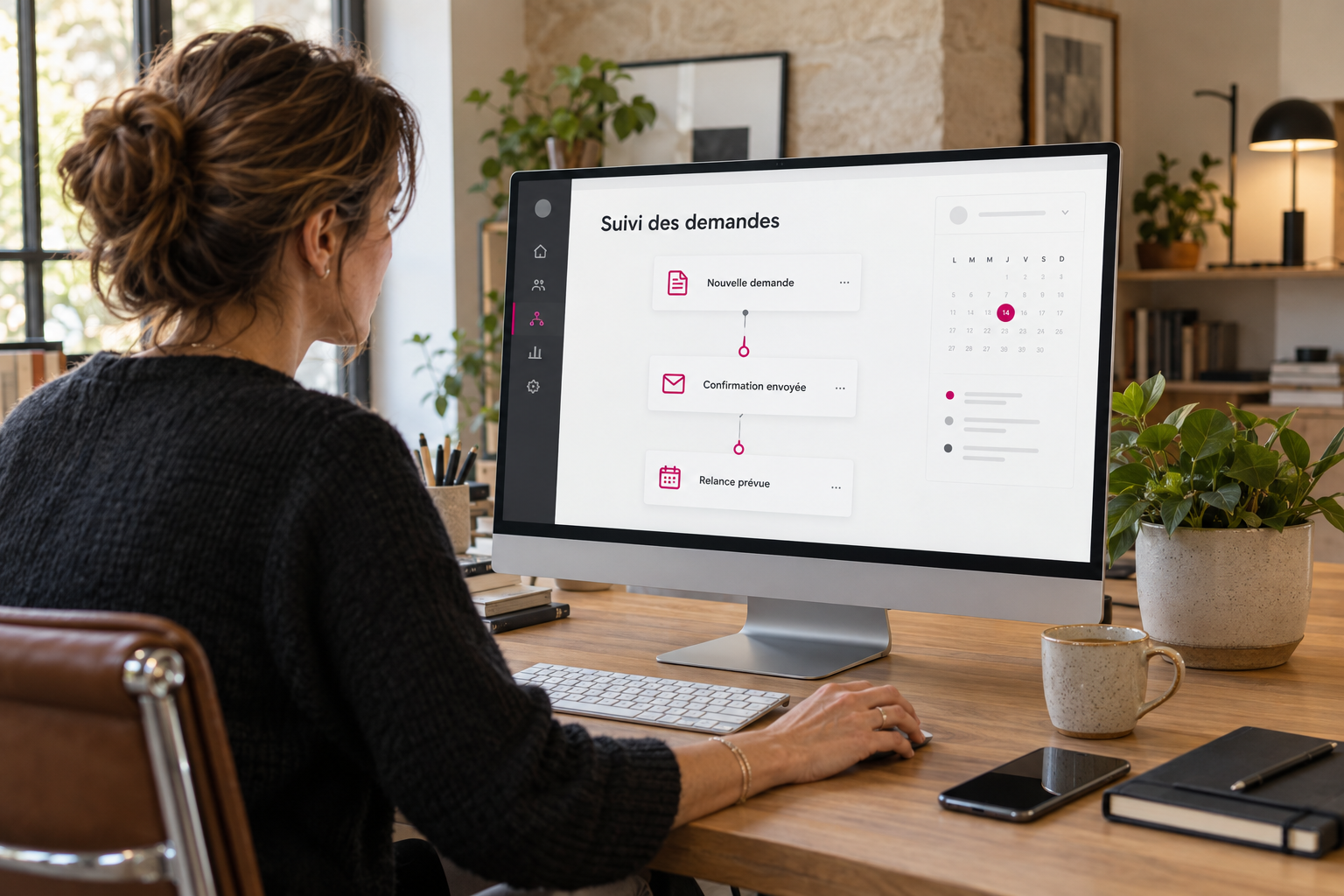 Scène illustrative photoréaliste : une professionnelle consulte le suivi automatisé des demandes à son bureau