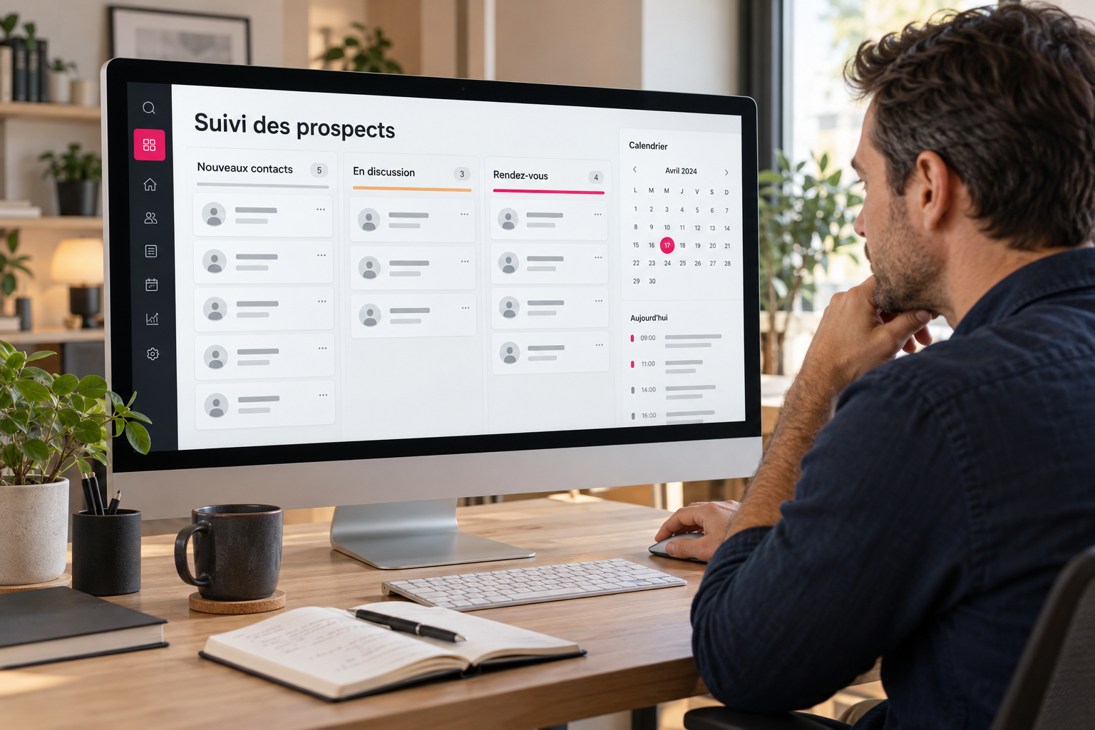 Scène illustrative photoréaliste : un professionnel consulte le suivi de ses prospects sur ordinateur