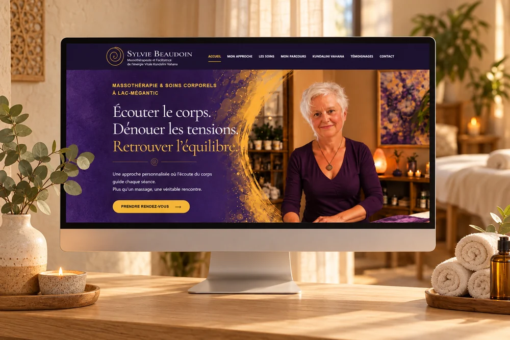 Site de Sylvie Beaudoin présenté sur ordinateur dans un espace de massothérapie
