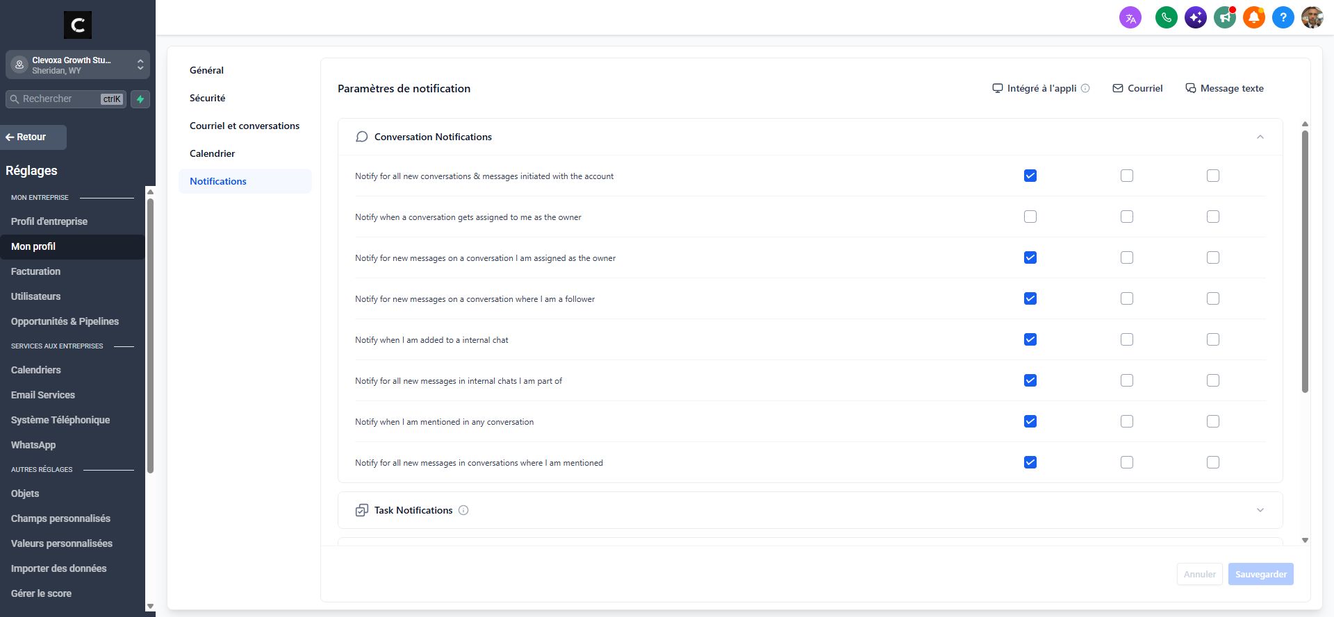 Settings > My Profile > Notifications. Choose preferences for your role; the checked boxes shown here are an example configuration.