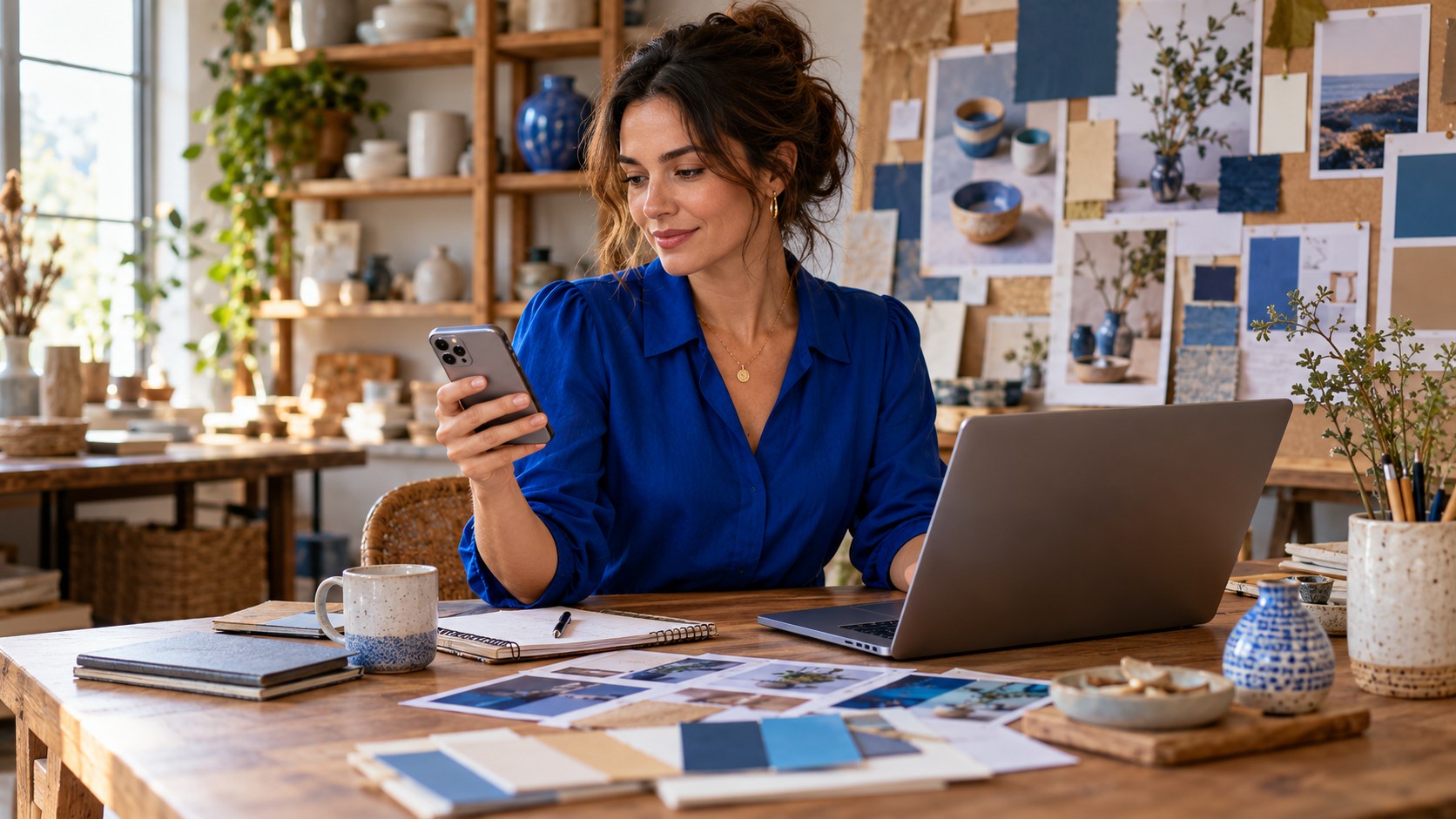Business owner preparing advertising visuals with a computer and phone