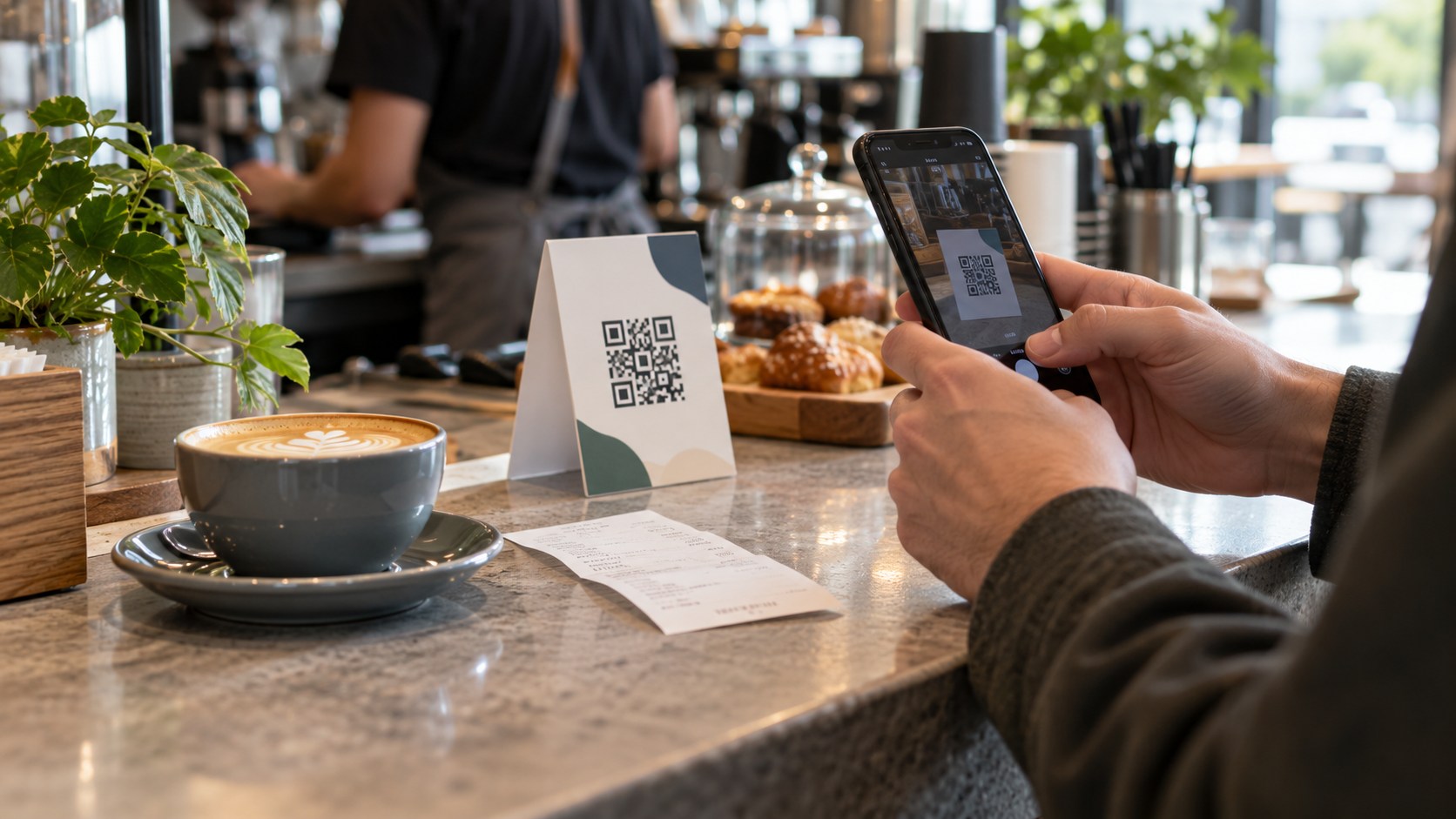 Customer feedback request card on a cafe counter