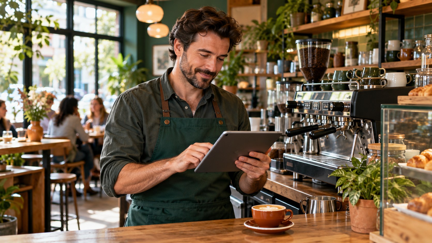 Cafe manager reviewing customer feedback on a tablet