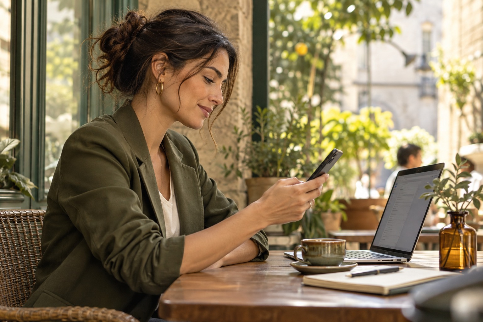 Consultant reading a message on her phone at a cafe table