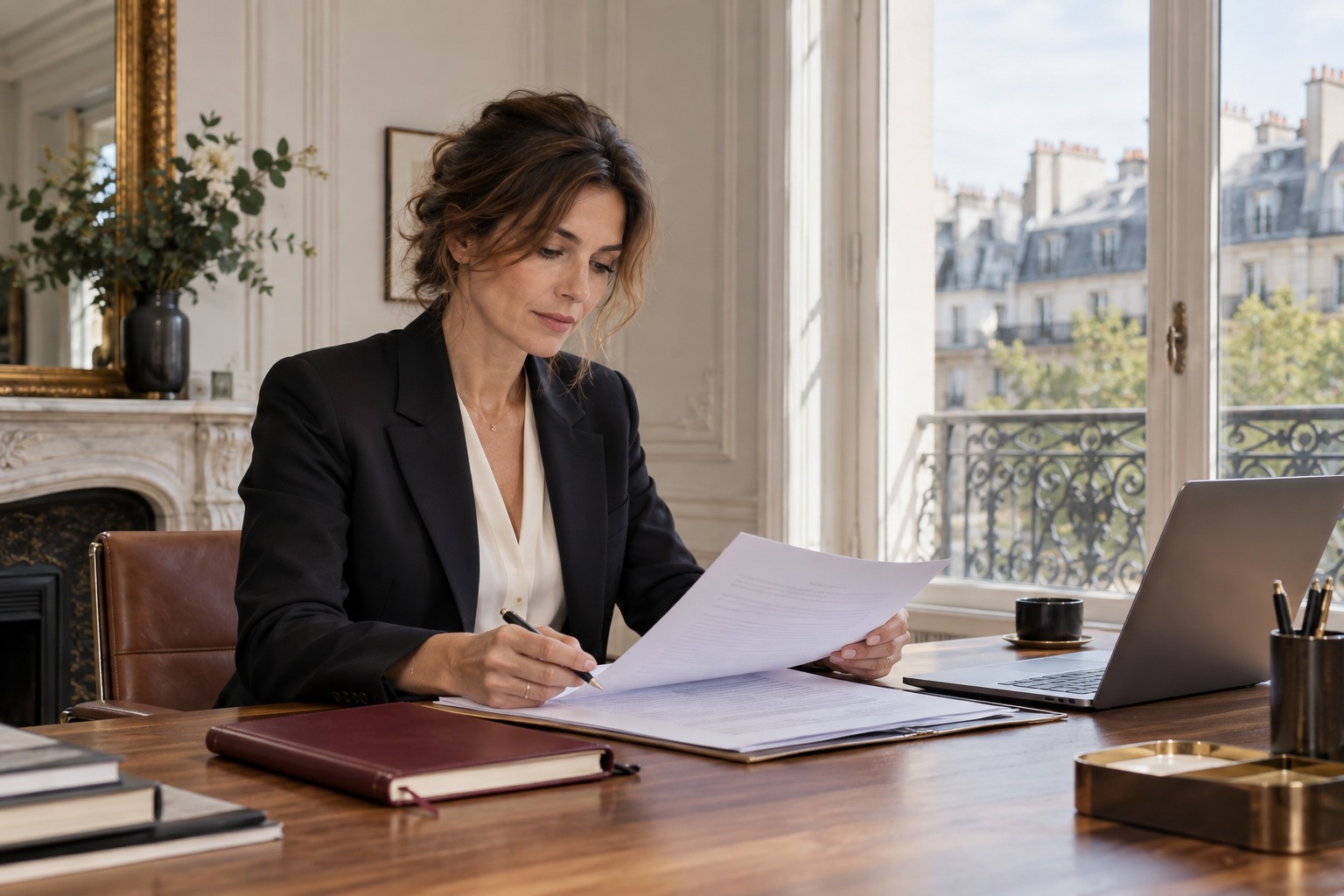 Reviewing business documents in a Paris office