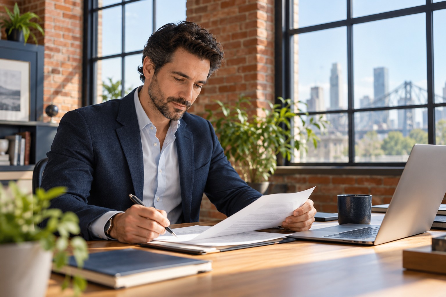 Reading a business agreement in a Montreal office