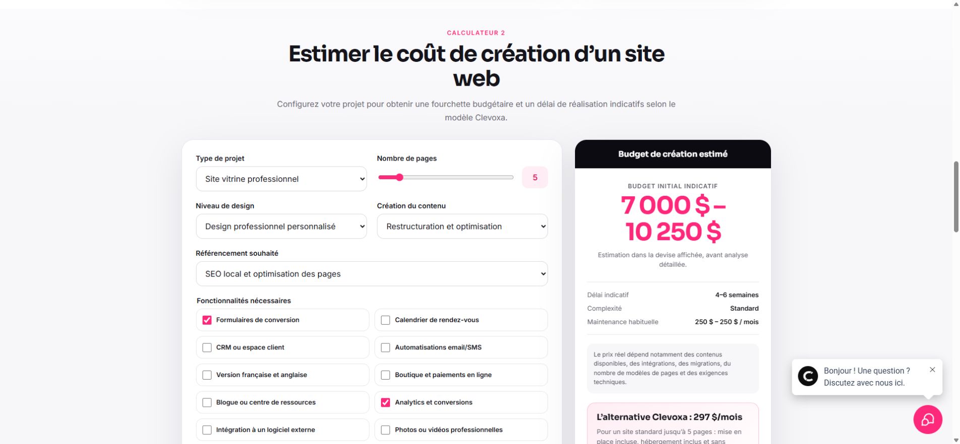 Calculateur Clevoxa · Exemple indicatif, pas un devis